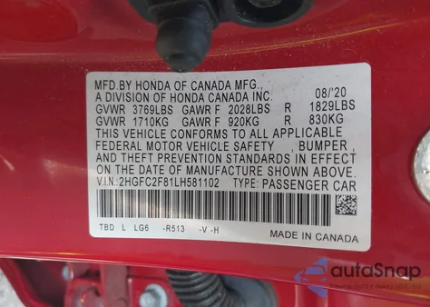 2020 Honda Civic Sport z USA, uszkodzony, nr VIN 2HGFC2F81LH581102